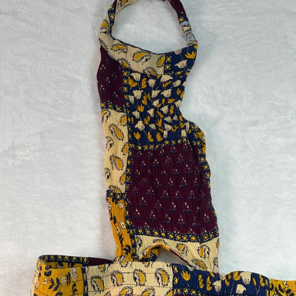 Earthbound Trading Co Jumpsuit Women Size M Multicolor Patchwork Halter Wide Leg - Picture 2 of 12